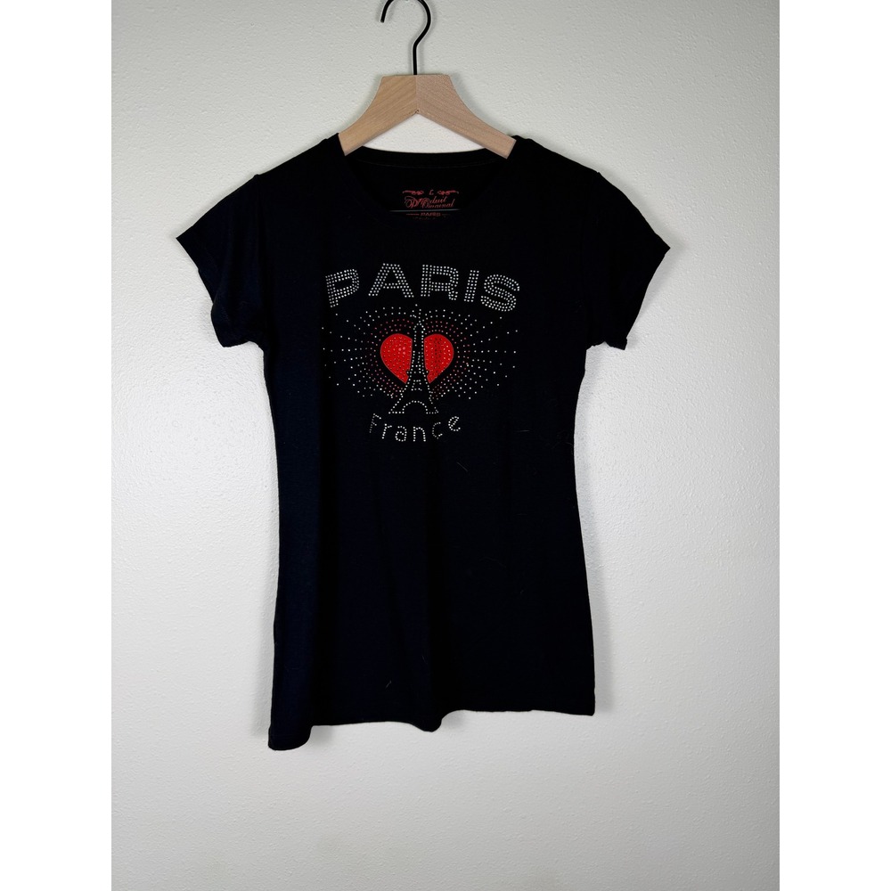 Y2K Rhinestone McBling French Chic Paris Heart Graphic T-Shirt Womens L Black